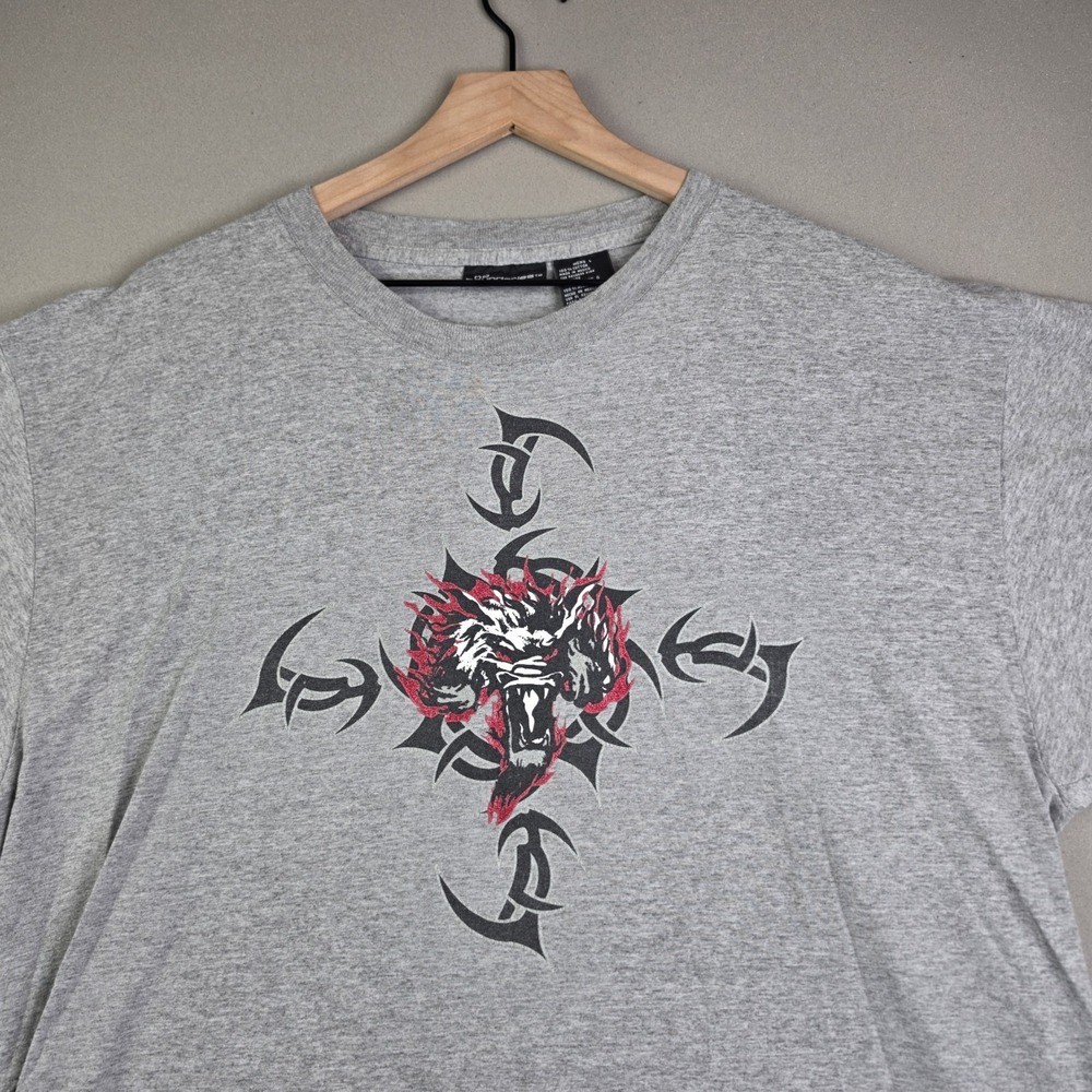 Vintage Y2K No Boundaries Tribal Dragon T-Shirt Men's L Gray Double Sided Skater